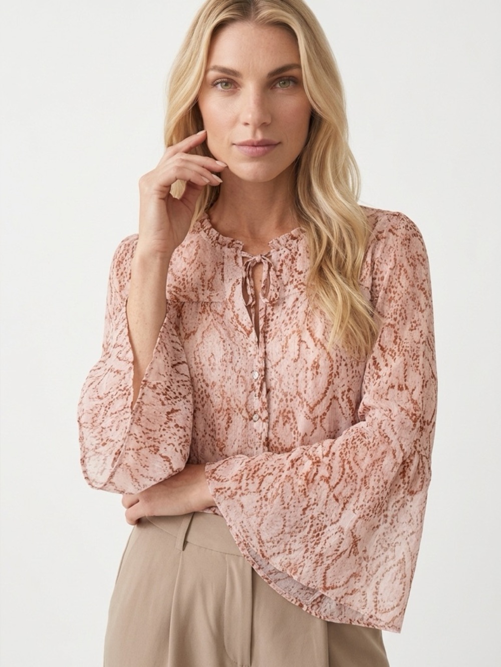 Mystree sheer Blush Snake-Print Tie-Neck Blouse size small